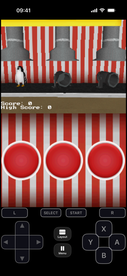 A DS game running in eNDS, with both screens stacked and the on-screen controls below.