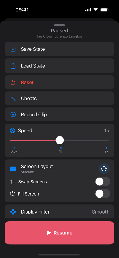 The pause menu with speed, screen layout, save states and cheats.